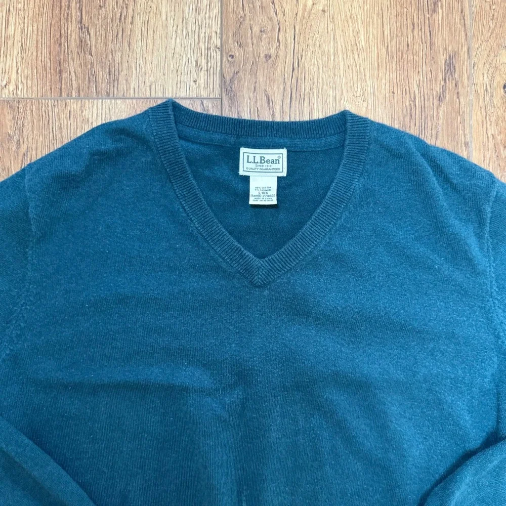 VTG LL Bean Men's‎ Large Dark Green Cashmere Cotton Pullover V-Neck knit Sweater